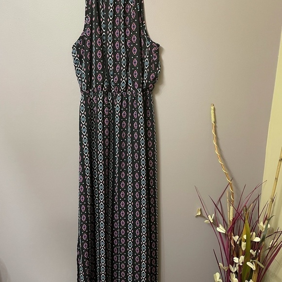 Maxi dress empire elastic waist drawstring tie neck slip-on vertical print sz Sm - Picture 15 of 16